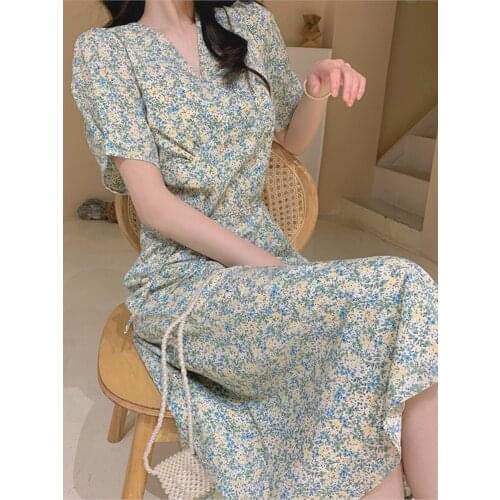 Summer Floral Print Women Dress Lace Up Female Party Midi Chiffon Vestidos Over Size Dress