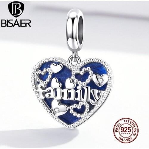 BISAER Family Heart Charms 925 Sterling Silver Hollow Reliefs Blue Bead Pendant Fit Bracelets Necklace Best Gift Jewelry EFC293