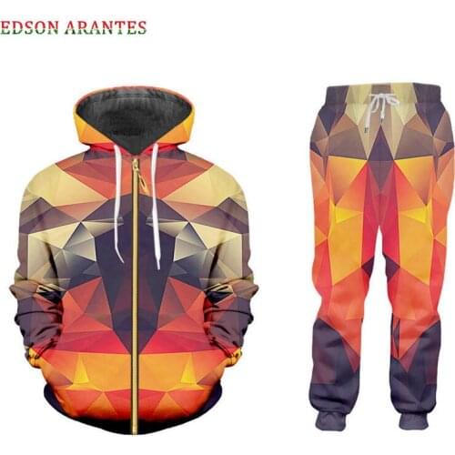Custom S-7XL Casual Mens Zipper Hoodie+Jogger Pants 2pcs Sets Colorful diamond Print Unisex Hip Hop 3D Sweatshirt Sportsuit Set