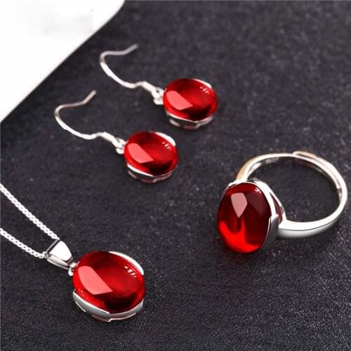 JYouHF Fashion Red Corundum Stone Jewelry Sets Oval Shaped Necklace Earring Ring Jewelry Wedding Bridal Dress Accessories Gift