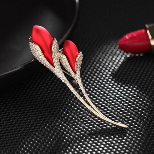Luxury CZ Tulip Brooch Pin Vintage Blue Red Corsage Flower Elegant Brooches for Women Female Autumn Clothes Accessories Broche