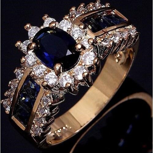 Luxury Vintage Gold Color Blue/Red Zircon Rings For Women Classic Female Jewelry Wedding Party Accessories Birthstone Gifts