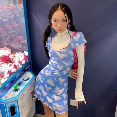 Sexy Blue Print O Neck Short Sleeve 0women Dress Ruffle Slim Streetwear Casual Female Dress Patchwork Dress Vestidos 2021