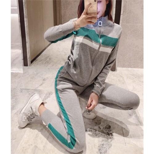 Spring Leisure sport Two piece set Women Long Sleeve Knit Coat Suit Knit Sweashirt Zipper Cardigans and Trouser Blue/Pink/Gray