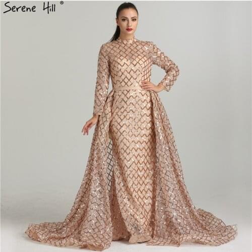 Vintage Long Sleeve Luxury Sparkly Evening Dresses 2021 Sequined High Neck Fashion Tulle Evening Gowns Vestidos De Festa LA6414