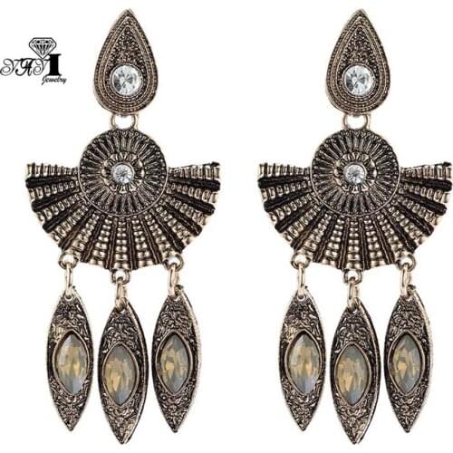 YaYi Jewelry Yellow Glass Rhinestone Dangle Crystal Earring Womens Fashion Ancient Silver Color Gem Long Earrings Gift 1240