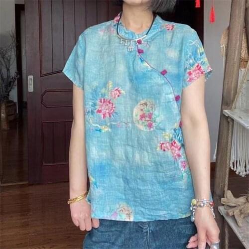 QPFJQD Ladies Short Sleeve Button Stand Blouses New Summer Autumn Women Print Floral Retro Chinese Style Ramie Shirts And Tops