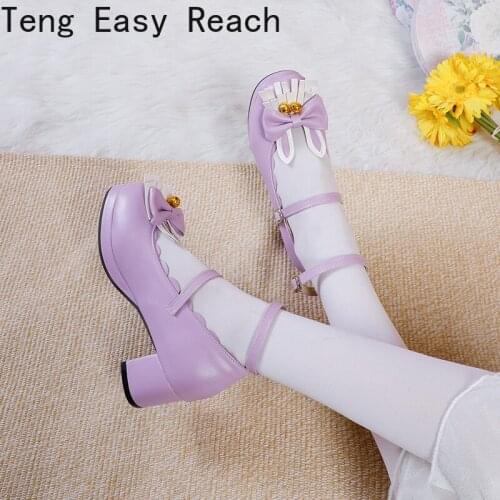 2021 Cute Rabbit-Shaped Lolita Womens Shoes Round Head Mid-Heel Bow Golden Bells Sweet Pumps Ruffled Violet Student Shoes 43