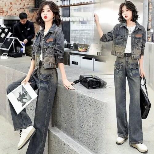 Women New 2021 Spring Autumn Denim 2 Piece Set Outfits Female Fashion Vintage Two Pieces Jeans Jacket Pants Clothing Suits B216