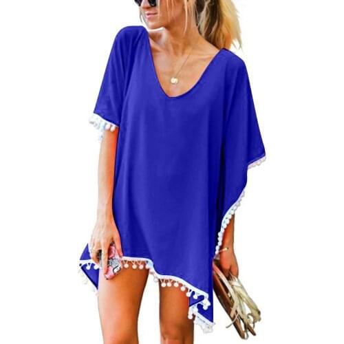 Womens Swimsuit Smock Boho Beach Dress Trim Kaftan Chiffon Tassels Swimwear Pareo Beach Loose Bikini Cover Up Tops Tunic Blouse