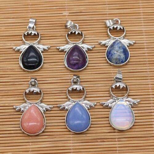 2pcs Natural Stone Angel Charms Blue Sand Lapis Lazuli Amethysts Pendants for Necklace Earring Jewelry Making DIY Size 24x35mm