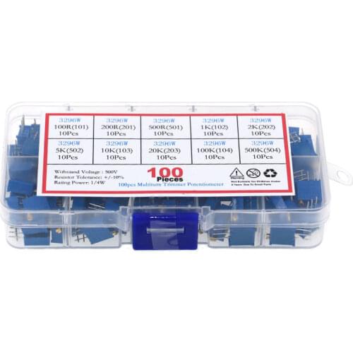100Pcs 3296W Multiturn Trimmer Potentiometer Kit High Precision Variable Resistor With Box Kit