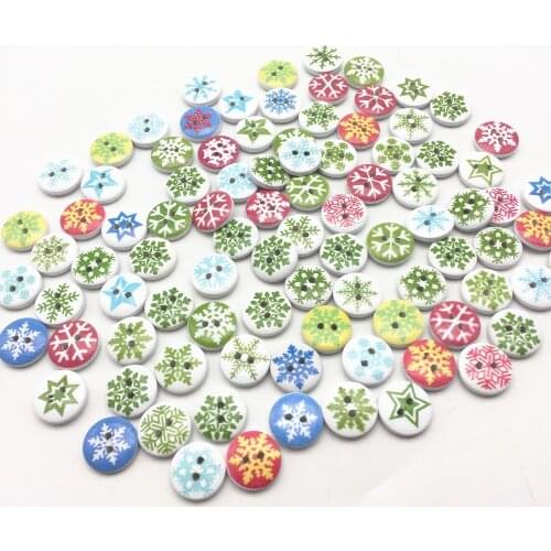 100pcs 15mm Mixed Snowflakes Printed Round Wood Buttons Scrapbooking Decorative 2 Holes Christmas Button Crafts Sewing