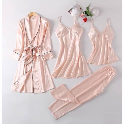 4 Pcs Stain Sexy Women Pajama Set V Lead Spaghetti Strap With Belt Cardigan Trousers Set Pajamas