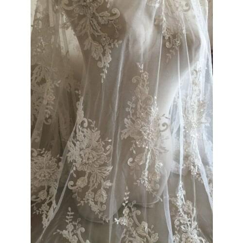 Ivory Alencon Lace Fabric Floral Pearl Beaded Sequined Wedding Lace Fabric 55 Inches Wide 1 Yard