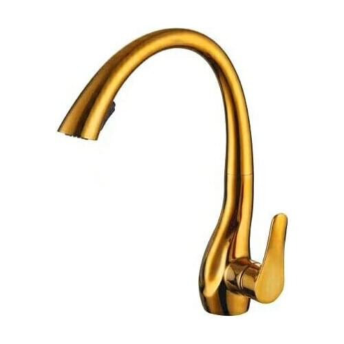 Free ship Single Hole /handle deck mounted gold color Pull Out Kitchen Faucets mixer tap Solid brass