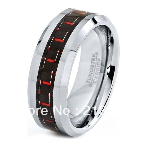 FREE SHIPPING!USA WHOLESALES CHEAP PRICE BRAZIL RUSSIA CANADA UK HOT SELLING 8MM BLACK&RED FIBER BRIDALTUNGSTEN WEDDING RING