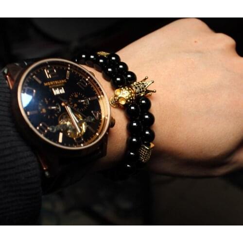 Crown skull bracelet set Black shinny stone beads bracelets for women men accessories pulseras mens jewellery pulsera hombre