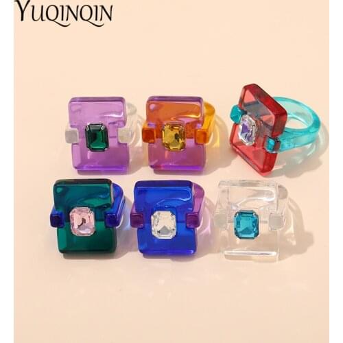 2021 New Transparent Resin Acrylic Rhinestone Colourful Geometric Square Rings for Women Fashion Jewelry Party Gifts for Girls