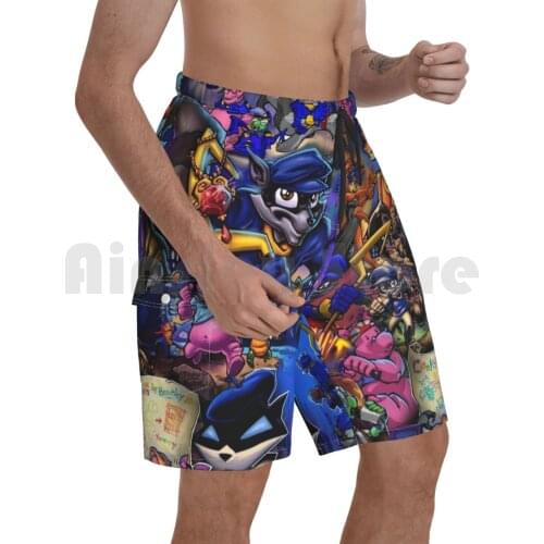 Comic Collage Sly Cooper Beach Shorts Men Beach Pants Swimwear Slycooper Sly Cooper Raccoon Fox Turtle Hippo Comic