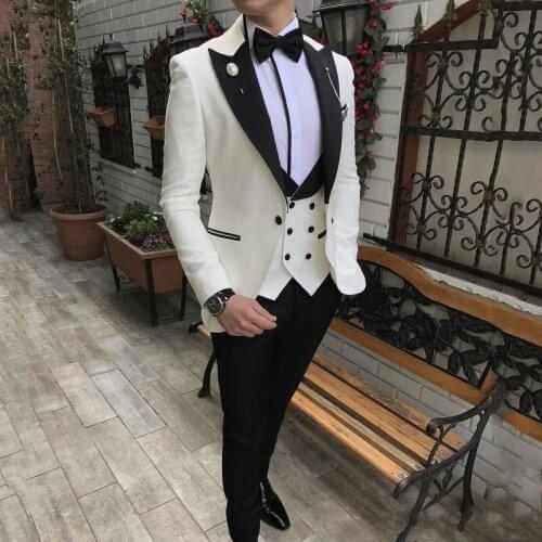 Custom Made Groomsmen Peak Satin Lapel Groom Tuxedos Ivory+Black Men Suits Wedding Best Man ( Jacket+Pants+Bow Tie+Vest ) C645