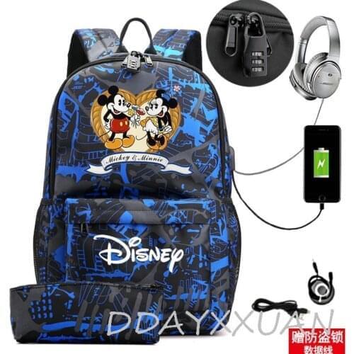 Disney Mickey Backpack Multifunction USB Charging Travel Student Canvas Backpack for Teenagers Boy Girls School Bags Women bag