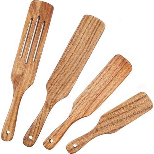 Wooden Spurtles Set,4 Pcs Teak Cooking Utensils,Non Stick Wood Cookware with Hanging Hole,for Stirring, Mixing, Serving