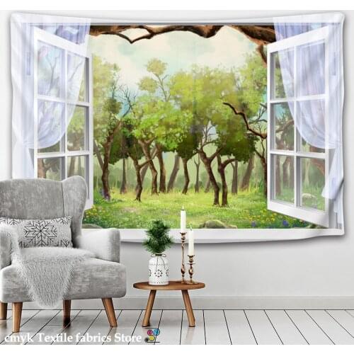 Forest Outside The Window Scenery Tapestry Wall Hanging Green Natural Plants Bohemian Hippie Psychedelic Bedroom Home Decor