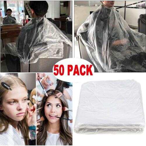 50x Disposable Haircut Capes Clear Barber Home Shawl Apron Cloth + 8x Hair Clips