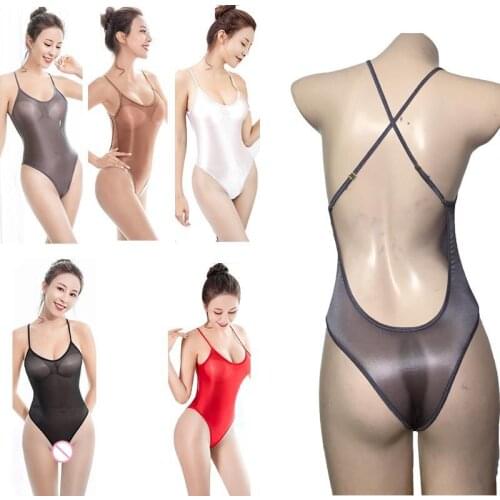 Sexy Women Sheer Oil Shiny Leotard Lingerie Crossing Back Skinny Glossy Silk Teddies Bodysuit Underwear Swim Wear