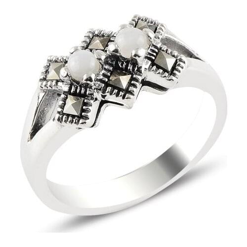 Silver 925 Sterling Pearl & Marcasite Ring
