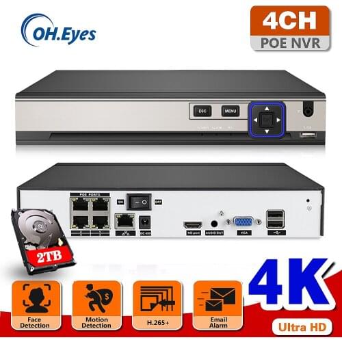 OH.EYES 4CH 4K POE NVR Face Recognition H.265+ Onvif Network Video Recorder Audio Recording IP Camera P2P System