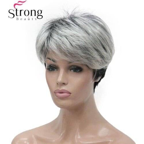 StrongBeauty Short Silver Grey With Black Two Tone Womens Wigs Side Swept Bangs Full Synthetic Wig for Women