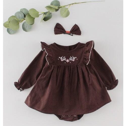 Vintage brown color ruffles lace newborn baby girls dress Spring autumn plaid long sleeve kids dresses for girls costumes clothe