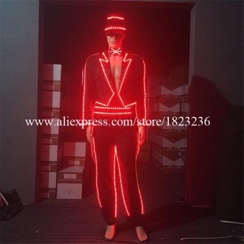 Colorful Led Luminous Ballroom Costume Gentleman Tuxedo With Pants Bow Tie And Hat Led Light Stage Dancing Wear Clothes