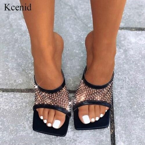 Kcenid Rinestone mesh high heel slippers summer new fashion open toe slip on thin heel slides outside women slippers shoes black