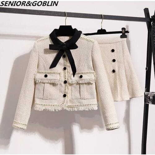 Autumn Winter Sweet Tweed 2 Piece Set Women Black Bow Tassel Big Pocket Short Jacket Coat+Mini Pleated Skirt Set
