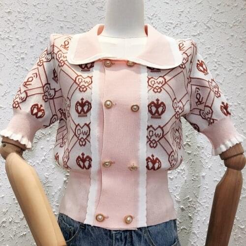 Women Cropped Cardigan 2021 Summer Peter pan collar Double-breasted Short Sleeve Pink Knit Top Shirt Thin Sweater Jacket