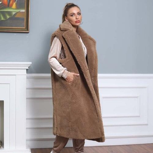 Winter Natural Cashmere Coat Women Casual Warm Overcoat Street Fashion Teddy Vest