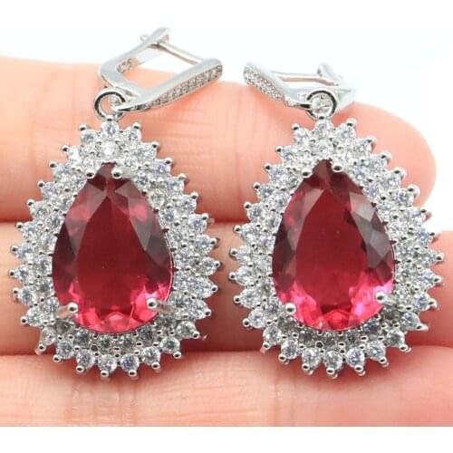 44x23mm Fancy Drop Shape 16g Created Pink Tourmaline CZ Womans Engagement Silver Earrings