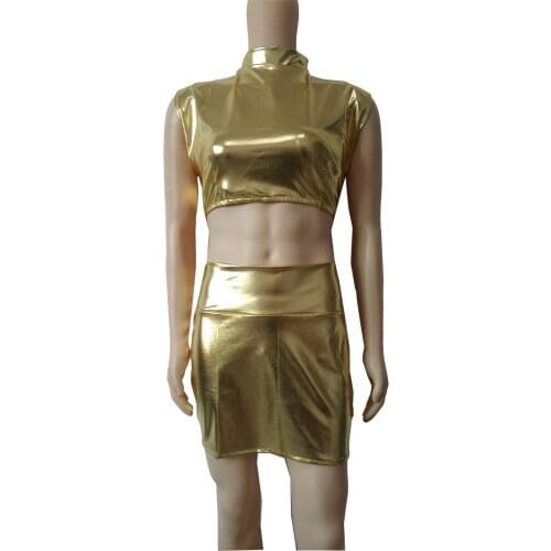 Shiny metallic Women Sleeveless Mock Neck Turtleneck Crop Tank Tops with Short Skirts Nightwear Clubwear Party Clothes 2pcs/set
