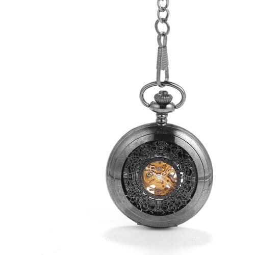 Black openwork carved mechanical pocket watch bronze pocket watch retro gift personality creative black face quartz pocket watch
