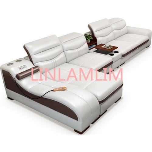 Living room Sofa top grade cow genuine leather couch Nordic modern L shape corner massage speaker USB bluetooth muebles de sala