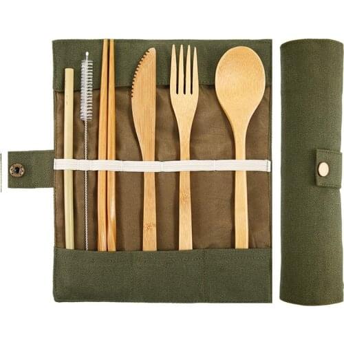 Eco-friendly Tableware 7Pcs/Set Cutlery With Straws Portable Travel Creative Bamboo Childrens Tableware cutlery