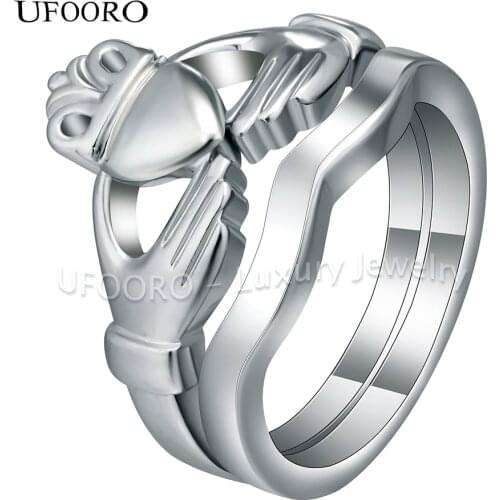 UFOORO Classic silver color claddagh style hand to hold heart punk style rings for men women boy crown party gift ring set 6-10