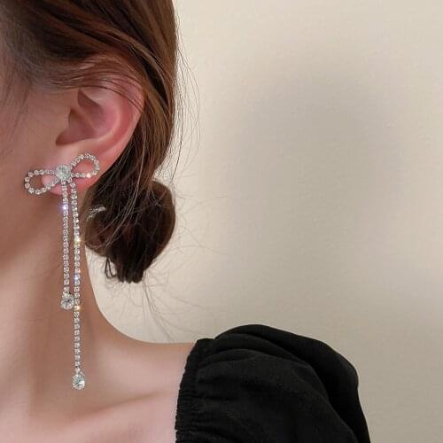 Korean Elegant Wild Long Rhinestone Bow Heart Shaped Dangle Earrings For Wemon 2021 Trend Earings Dress Decor Jewelry Gifts