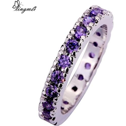 Lingmei Wholesale Lady Round Hoop Purple Green Red Zircon Silver Color Ring Size 6 7 8 9 10 11 12 13 Romantic Style Jewelry
