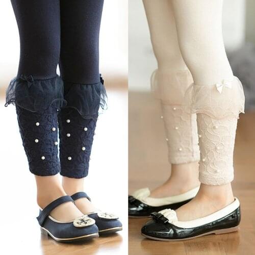 2020 Spring Autumn 2 3 4 6-10 Year Children White Dark Blue Beige Long Capri Pears Bow Lace Little Baby Kids Girl Basic Leggings