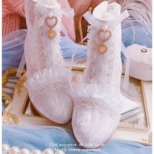 Lolita vintage lace bowknot bandage kawaii shoes cosplay loli women lace up booties pointed high-heel womens shoes boots