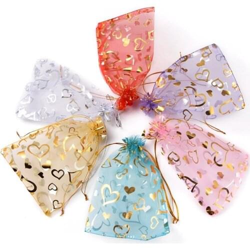 1Set Heart Printed Organza Bags Jewelry Packaging Bags Wedding Gift Favour Pouches Mixed Color Party Decoration Drawable Bags